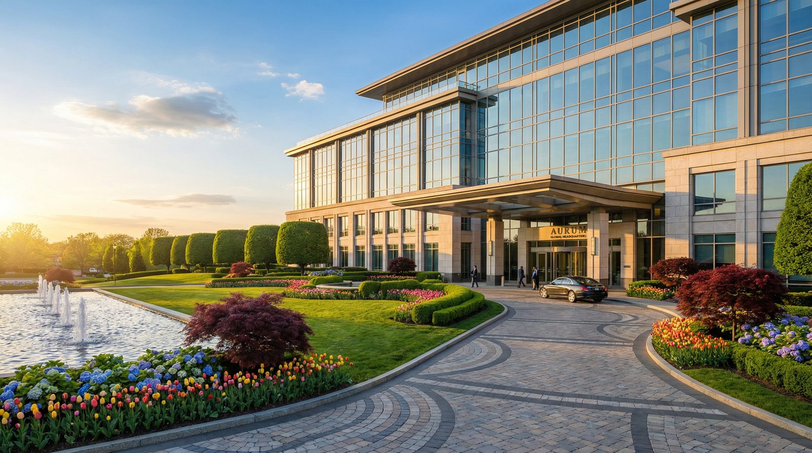 Corporate headquarters with premium landscaping, fountain, and manicured grounds
