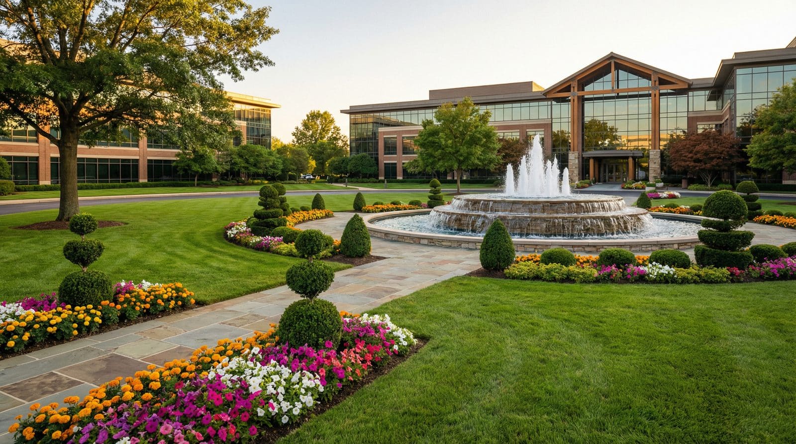 Office park courtyard with fountain and seasonal flower beds