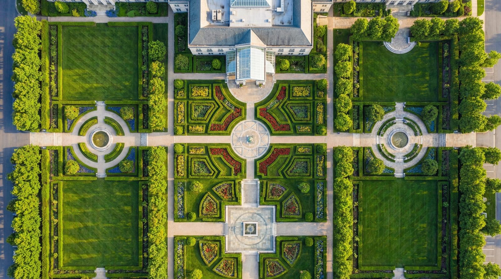 Aerial view of formal commercial landscape design