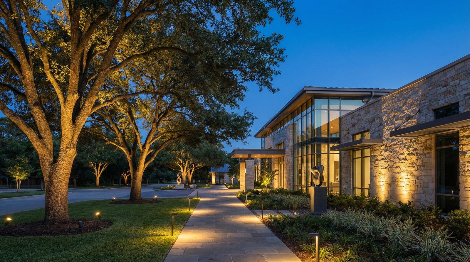 Commercial landscape lighting at night