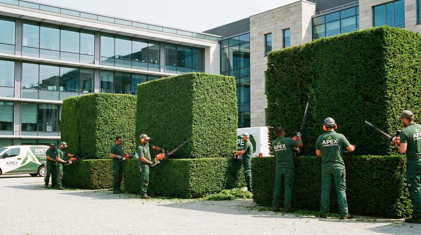 Professional landscaping crew trimming commercial hedges